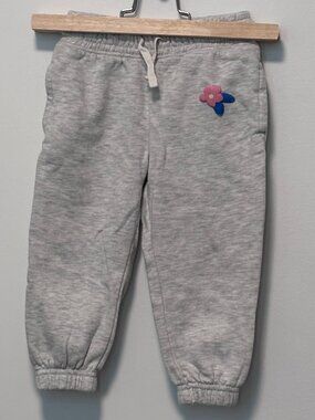 2T Toddler Girl Jogger Sweatpants - Heather Grey with Flower Applique